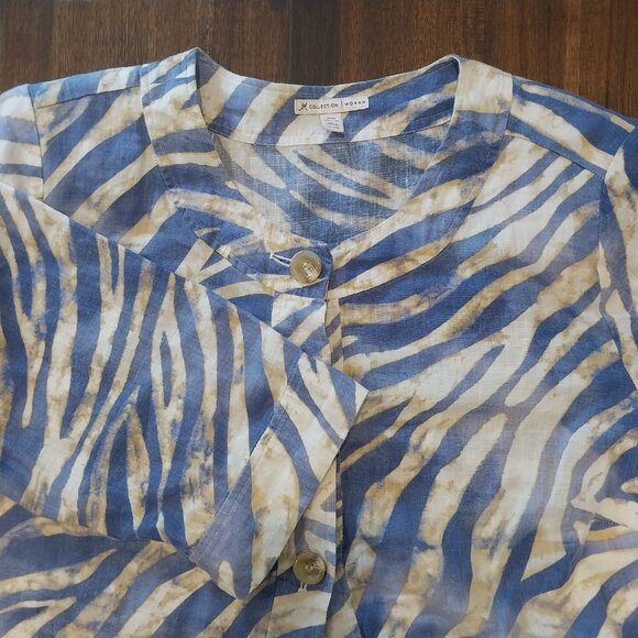JM Collection 100% Linen Blouse Tunic Shirt Top Womens 20W Plus Blue Tan Print, - Picture 1 of 10